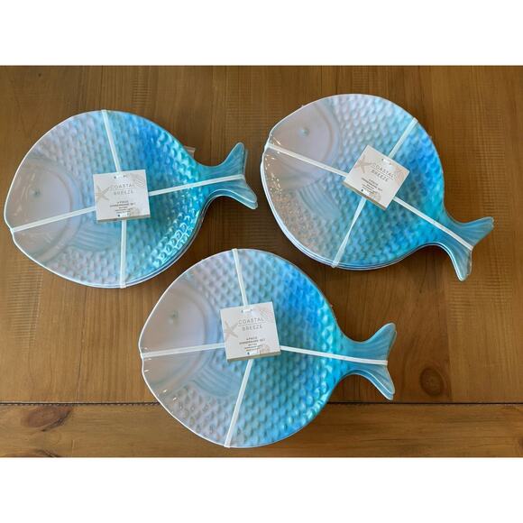 12 Coastal Breeze Fish Shaped Melamine Lunch Dinner Snack Plates Blue Ombre - Picture 1 of 11